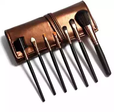 7Pc Makeup Brushes With Blk Handle & Copper Ferrule In Shiny Bronze Roll Up Case • $22