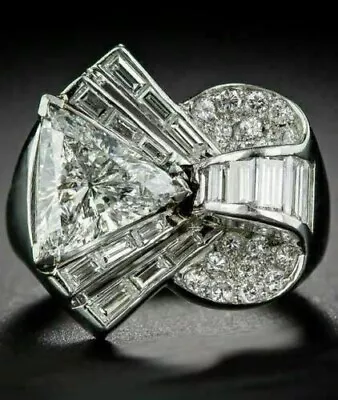 New Vintage Ring 14K White Gold Plated Silver 3.86Ct Trilion Simulated Diamond • $111.30