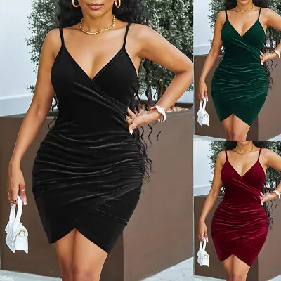 $23.49 • Buy Womens Sexy Velvet V Neck Mini Dress Ladies Evening Cocktail Party Bodycon Gown