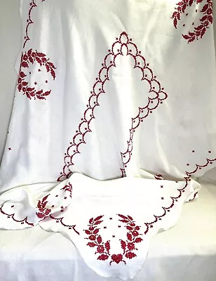 Vintage Tablecloth Vintage Linen Table Cloth Ivory With Red Cross-stitch Pattern • $24.99