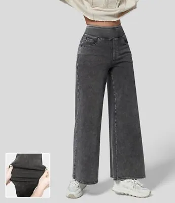 Halara High Waisted Multiple Pockets Wide Leg Loose Stretchy Knit Work Jeans • £17.99