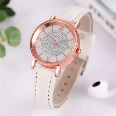 White Rhinestone English Watch Round Pointer Roman Numeral Electronic Watch Gift • $21.98