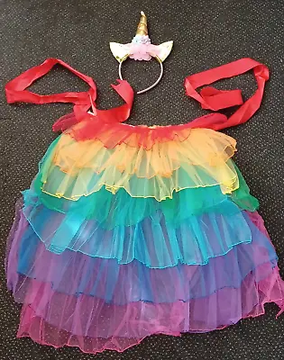 Rainbow Skirt Tutu And Unicorn Head Band Girls Fancy Dress Dressing Up Set • £3.50