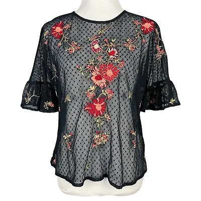 Anthropologie Top Womens S Sheer Mesh Embroidered Floral Print Goth Grunge Shirt • £18.92