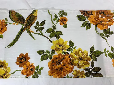 1 Vintage Mid-Century Floral Kitchen Valance Panel ORANGE YELLOW GREEN Birds  • $12.50