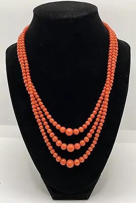 ANTIQUE RED MEDITERRANEAN CORAL TRIPLE STRAND BEAD NECKLACE 4-9mm STERLING CLASP • $500