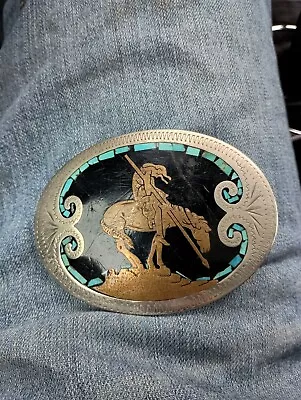 Vtg Johnson Held Indian Horse End Of Trail Turquoise Inlay Western Belt Buckle • $25