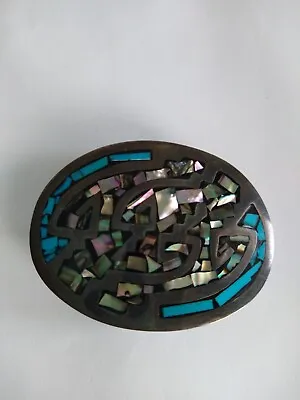 Vtg Sterling Silver Belt Buckle .925 Taxco Mexico Inlaid Turquoise Signed TA217 • $99.99