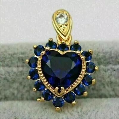 2.50Ct Heart Cut Lab-Created Blue Sapphire Halo Pendant 14k Yellow Gold Plated • $82.49