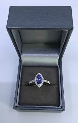 Tanzanite & Diamond Platinum Ring Marquis Tanzanite Diamond Halo & Shank Size M • £1395