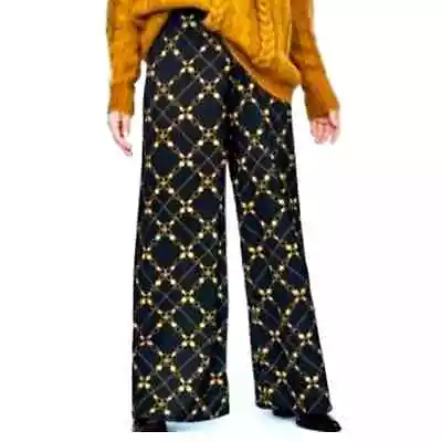 Zara Basic Black Gold Chains Wide Leg Flowy Pull On Palazzo Pants Size Large • $35