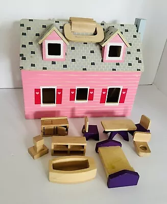 Melissa And Doug Fold And Go Wooden Pink Doll House With 9 Pieces Of Furniture • $19.57