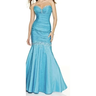 Robe De Soirée Mori Lee Madeline Gardner Bleu Aqua - Sans Bretelles, Taille 5-6, Avec Châle Et Ceintures