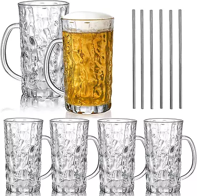 Set Of 6 Glass Beer Mug 18 Oz Large Beer Glasses With Handle Straw Solid Clear • $38.72