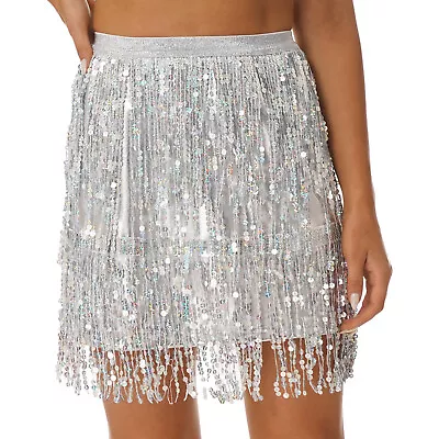 US Women Latin Tango Rumba Cha Cha Belly Dance Sequin Party Tassel Fringe Dress • $20.99