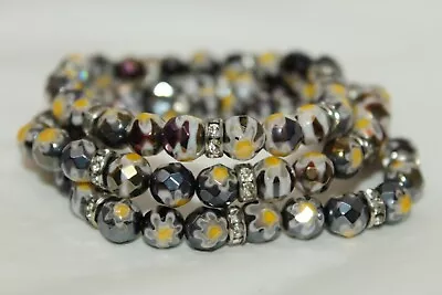 Set Of 3 Millefiori Glass   Rhinestone Rhondelle Beaded 6  Stretch Bracelets • $18