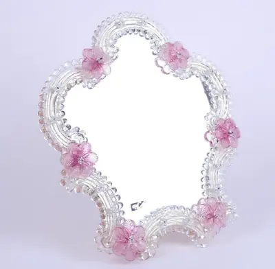 VTG Mid Century MURANO Glass Venetian Table Vanity Mirror Pink Flowers 14”X 12” • $442