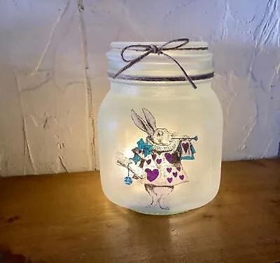 Light Up Alice In Wonderland White Rabbit Design Handcrafted Decoupaged Jar • £14.50