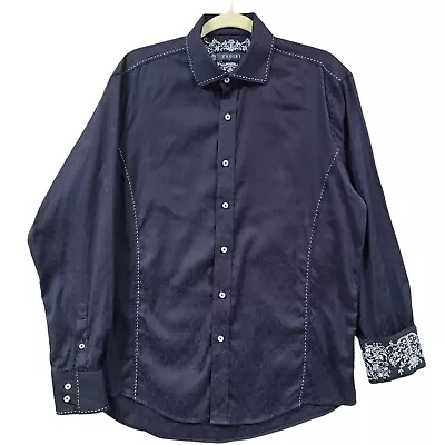 ZAGIRI Shirt Large Button Up Textured Blue Embroidered Flip Cuff Floral Cotton • $24.95