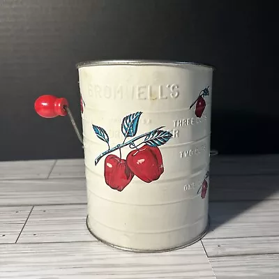 Bromwell’s Tin Metal Flour Sifter Red Apples Design & Red Wood Knob Vtg Original • $11.50