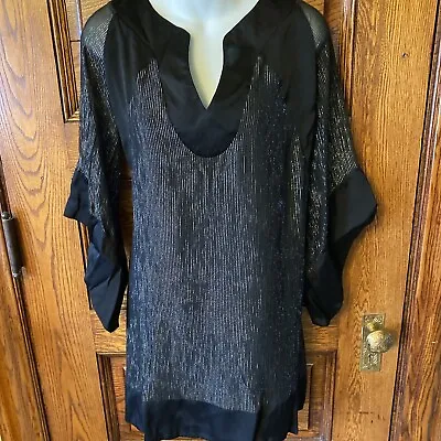 Y2K 90's HALSTON HERITAGE Black With Silver Stripes Kimono Sleeve DRESS Size 10 • $57.44