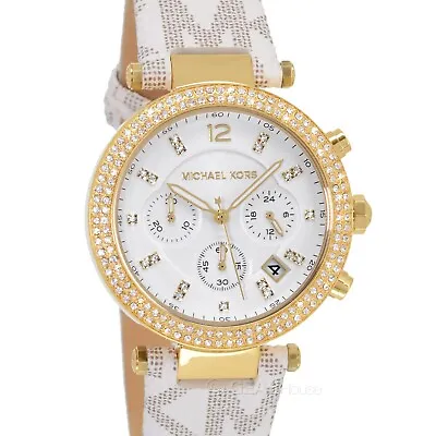 Michael Kors Parker Womens Gold Chronograph Glitz Watch White Dial MK Cream PVC • $115.63