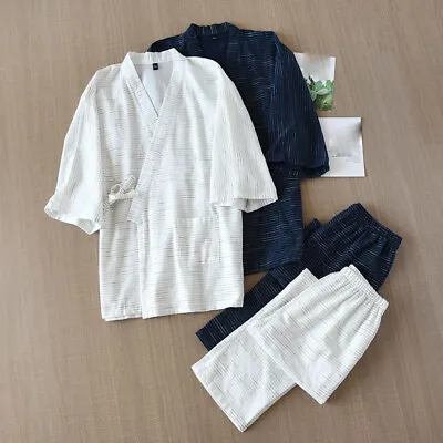 Japanese Men Pajamas Set Cotton Striped Kimono Top Pants Sleepwear Nightgown New • $39