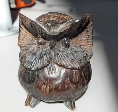 Vintage Small Hand Detailed Carved Dark Wooden Owl Bird Figurine  2-3/4  Tall. • $12