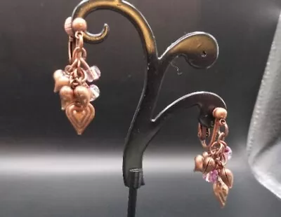 Vintage Avon Copper Heart Beaded Dangle Drop Clip-On Earrings • $9.50