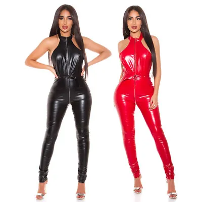 Faux Leather Catsuit Jumpsuit Backless Full Crotch Zip Sleeveless Belted • £44.95