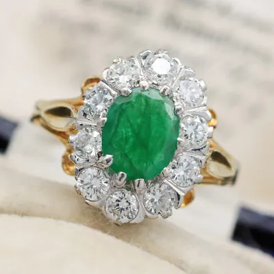 Vintage Emerald And 0.70ct Diamond Cluster Ring In 18ct Yellow Gold • £870