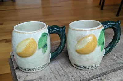 Vintage ROSS PRODUCTS Hand Decorated  Orange Juice Is Good  Mugs Set Of 2 Lot • $4.99