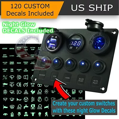 5 Gang On-Off Blue LED Toggle Switch Panel Voltmeter Dual USB Car Boat Marine • $25.95