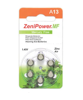 ZeniPower Hearing Aid Batteries A13 (size 13) MF  1  Card Of 6 Batteries Zinc • $5.88