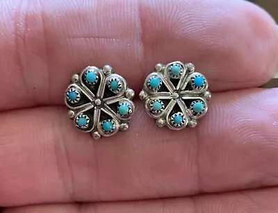 Vintage Zuni Sterling Silver Petit Point Flower Turquoise Stud Earrings • $38