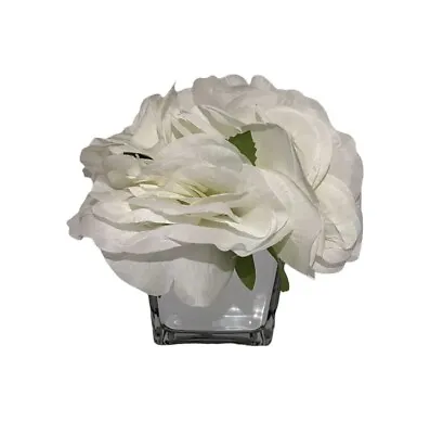 White Roses In Silver Mirrored Cube Vase Artifical Flowers • £4.90