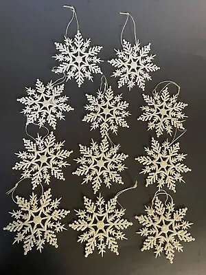 Lot Of 11 Vintage White Glittered Plastic Snowflake Christmas Ornaments • $8.99