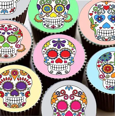 24 Or 15 Day Of The Dead Halloween Skulls  Edible Cup Cake Topper Decorations • £3.99