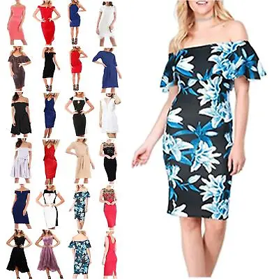 Womens Ladies Floral Printed Peplum Frill Off The Shoulder Party Bodycon Dress • £14.99