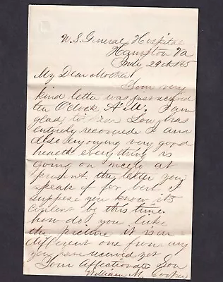 July 29 1865 Letter From William M. Cooper U. S. General Hospital Hampton VA • $125