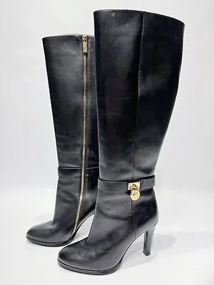 Michael Kors Black Leather Tall Heeled Boot Side Zip Lock Charm Women’s Size 7 • $72.24
