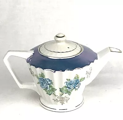 Vintage Trimont Lustreware Teapot Blue Roses Gold Fluted Japan • $12.97
