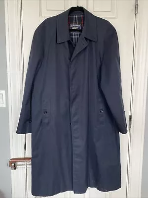 Vintage Burberry Rain Coat Mantel Cotton Navy Blue Mens Sz 54R Check Lining • $239