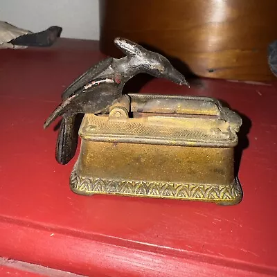 ANTIQUE Cast Iron Art ORNATE Mechanical Bird Woodpecker Match Toothpick Holder • $50