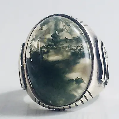 Rare Ancient Sterling Silver Antique Massive Men's Ring Old Mousse Green Agate • $337.50