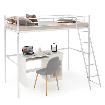 95CM Single Steel Loft Bed Space-Saving Bed Frame High Sleeper Bunk Bed White • £134.95