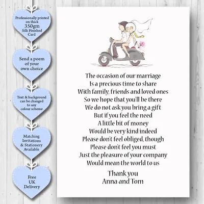 10 Personalised Wedding Honeymoon Gift Money Poem Cards Honeymoon Wish Inserts • £2.50