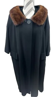 VTG Black Wool A-Line Swing Coat Scalloped Mink Collar Raglan Sleeves Jackie O • $139.99