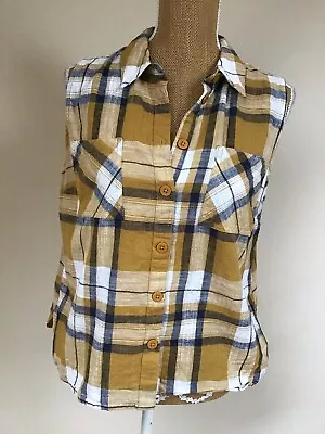 TU Mustard Navy Check 100% Cotton Sleeveless Top Size 14 • £4