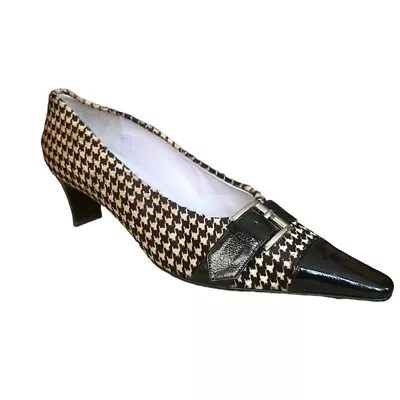 Maud Frizon Brown Houndstooth Pony Hair Patent Leather Cap Toe Pumps W/ Buckle • $65